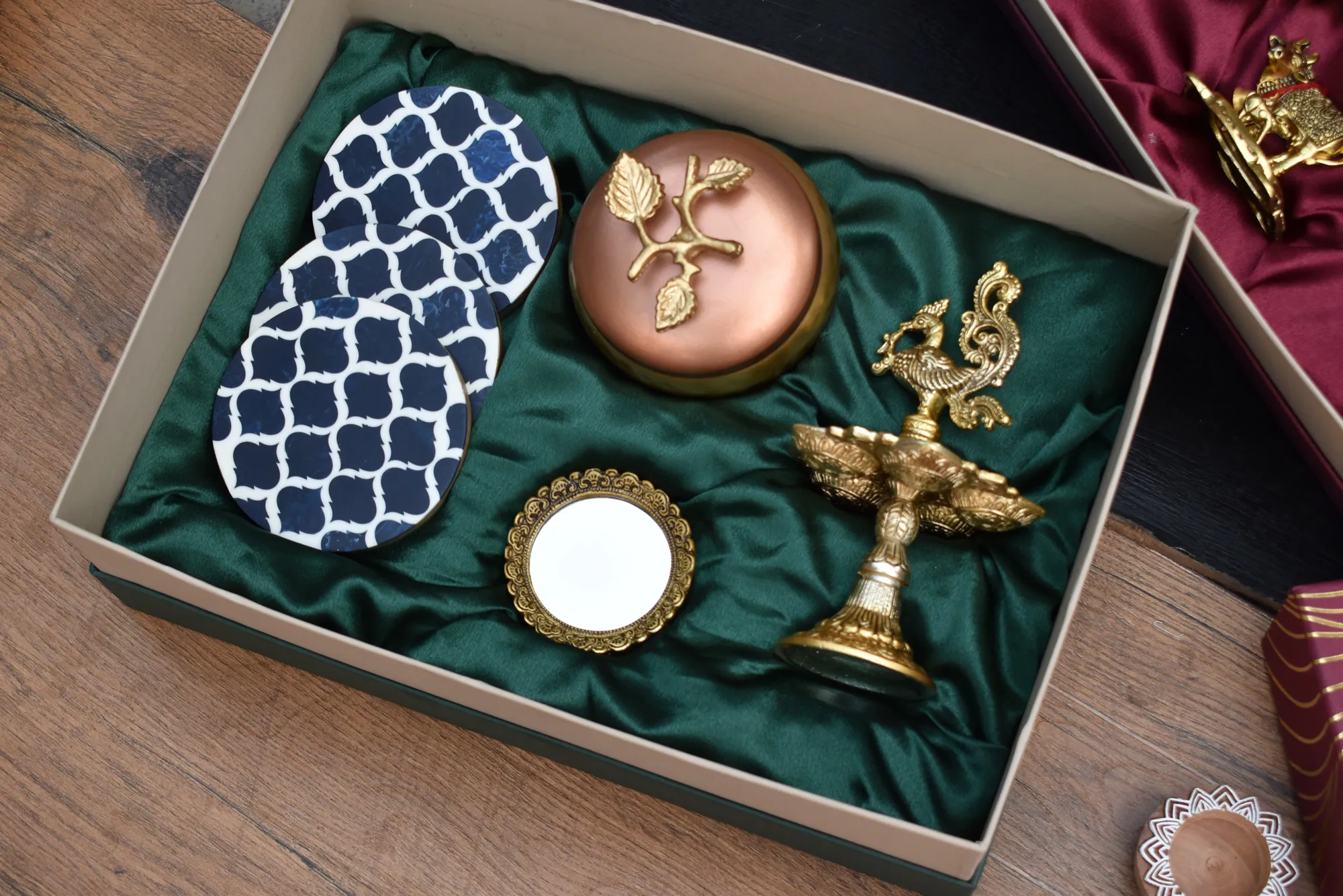 Peacock Diya & Trove Metal Jar & T-Light Holder & Wooden Coaster / Corporate Gift Hamper Box - Image 4