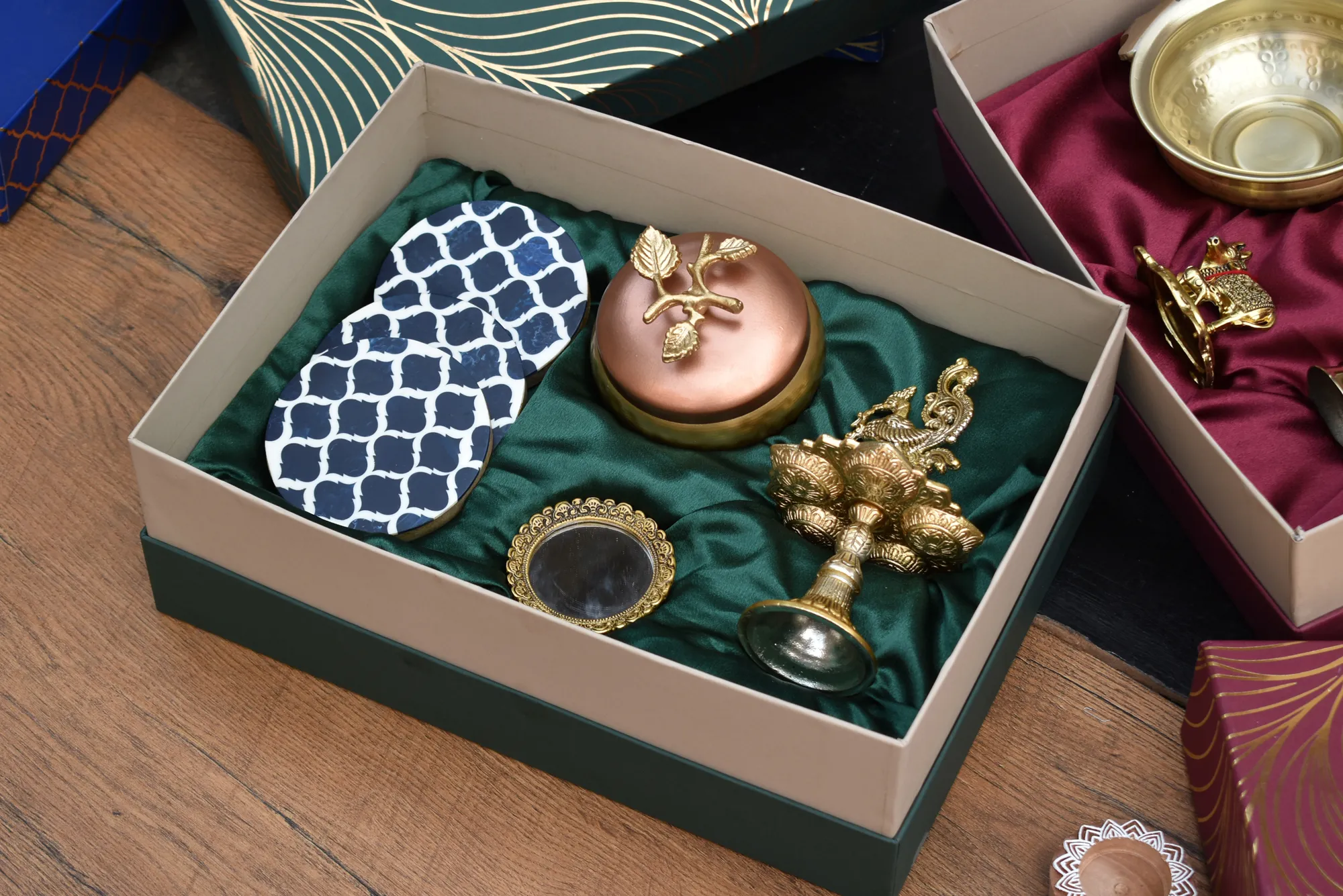 Peacock Diya & Trove Metal Jar & T-Light Holder & Wooden Coaster / Corporate Gift Hamper Box - Image 2