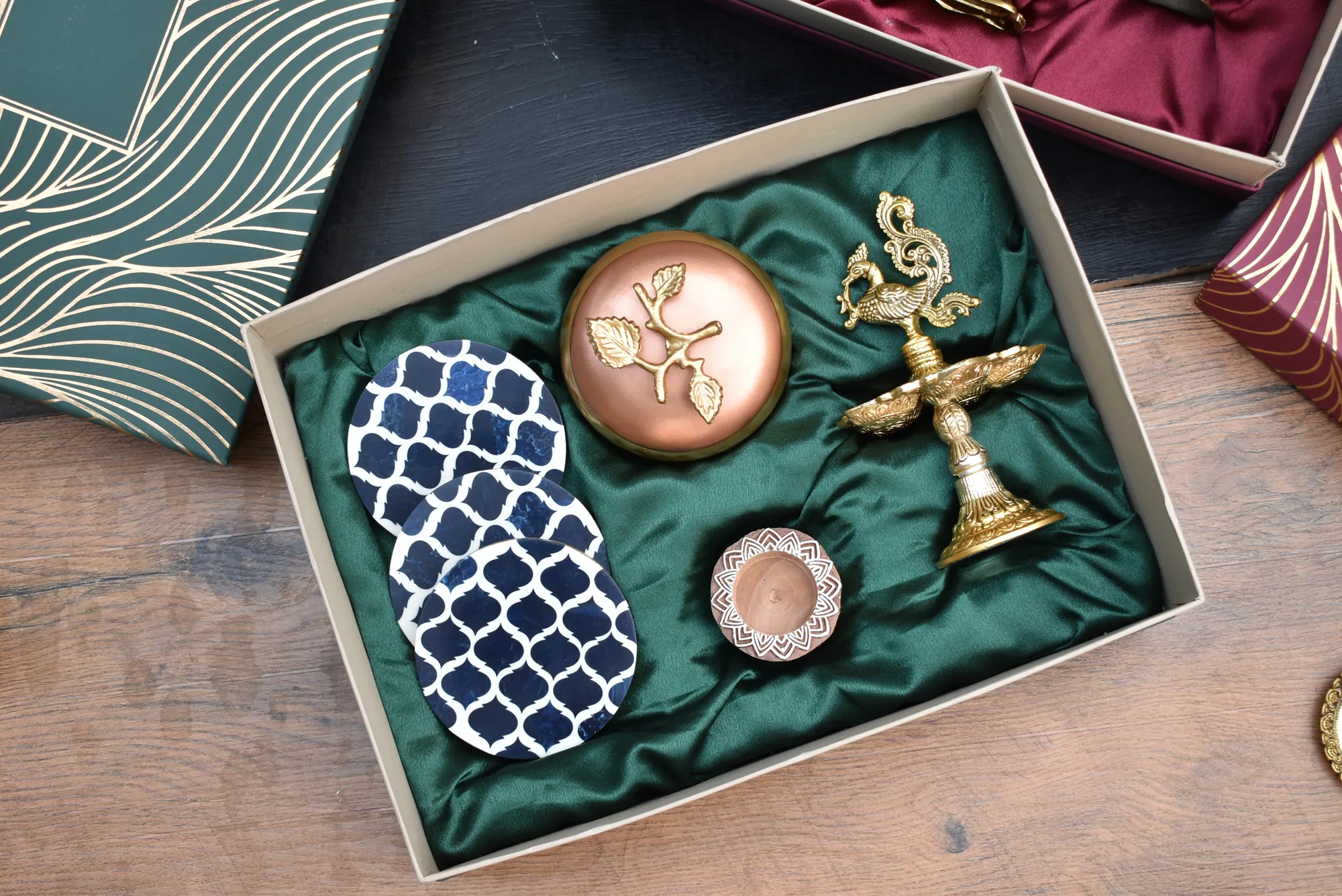 Peacock Diya & Trove Metal Jar & T-Light Holder & Wooden Coaster / Corporate Gift Hamper Box