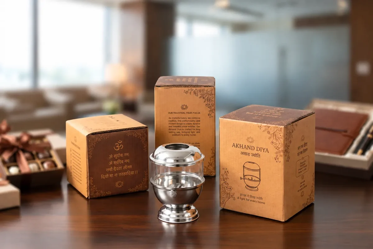 Diwali gift hamper featuringa handcrafted brass and metal pieces from house2home, made in Moradabad. Suited to clients, employees and family. Bulk Diwali gifting available with festive packaging options.