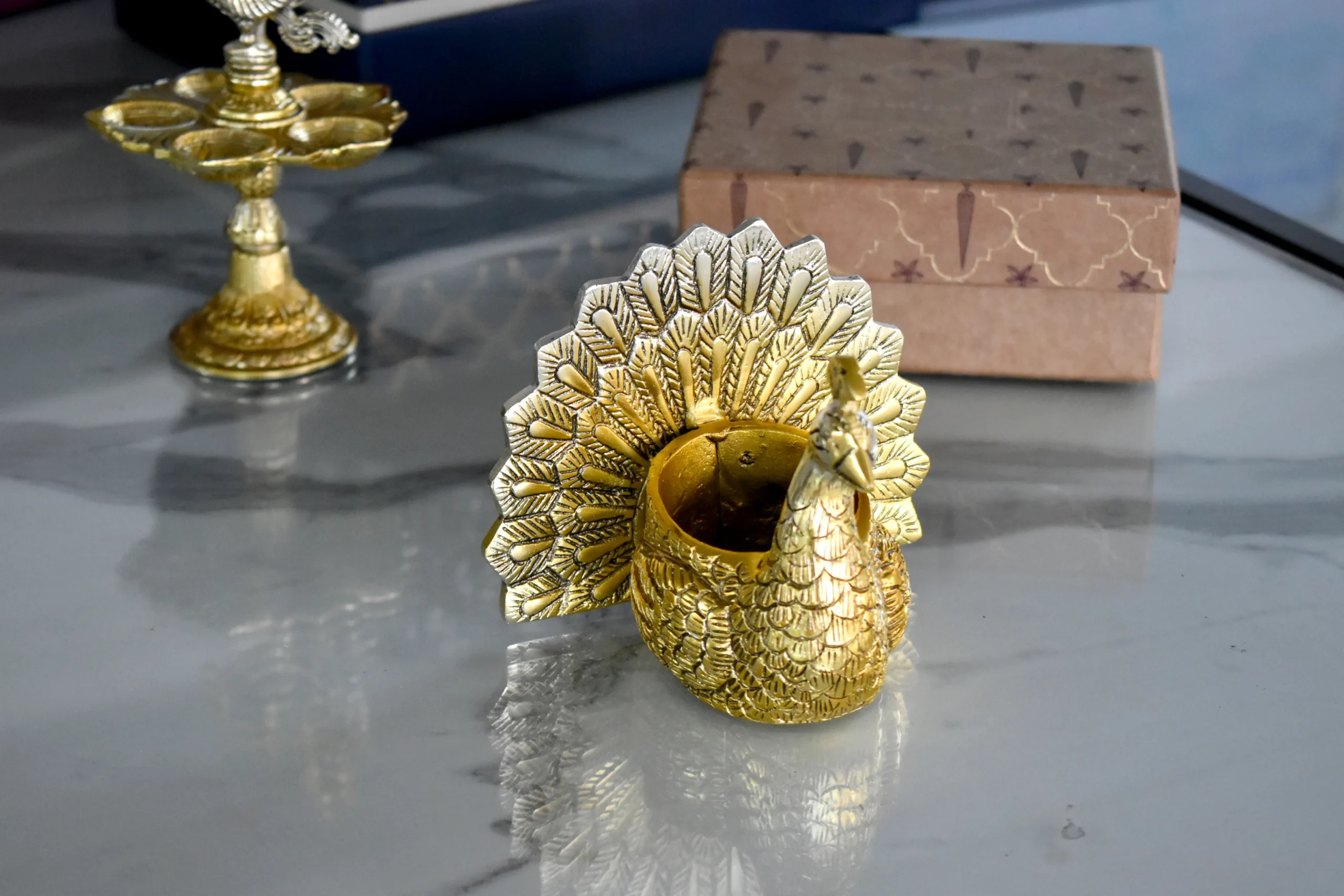 Radiant Peacock Candle Holder Gold & Silver -5x4x3.5" Inch - Image 2
