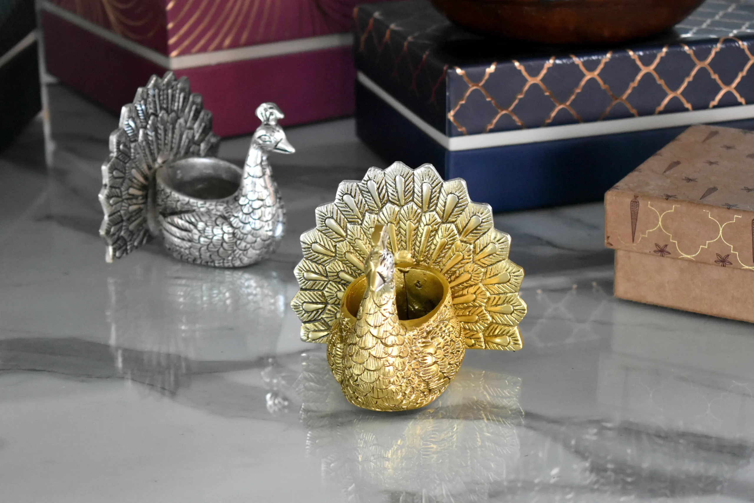 Radiant Peacock Candle Holder Gold & Silver -5x4x3.5" Inch - Image 3