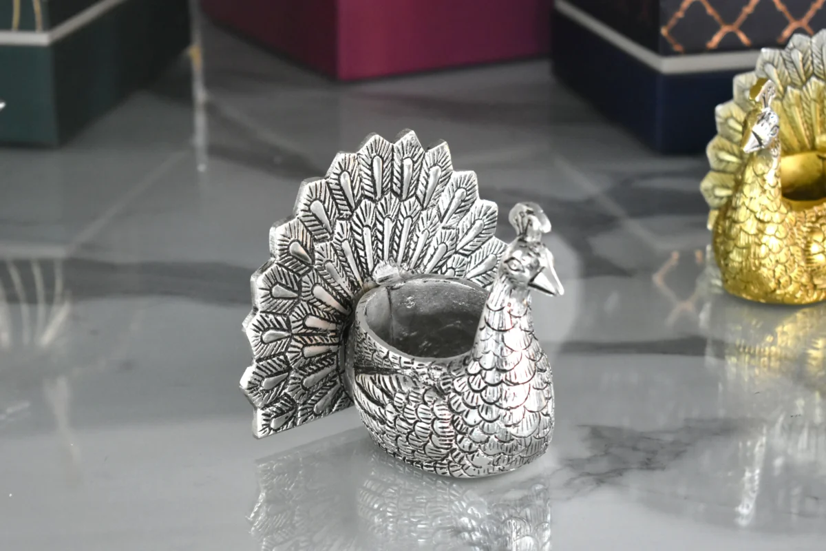 Radiant Peacock Candle Holder Gold & Silver -5x4x3.5" Inch