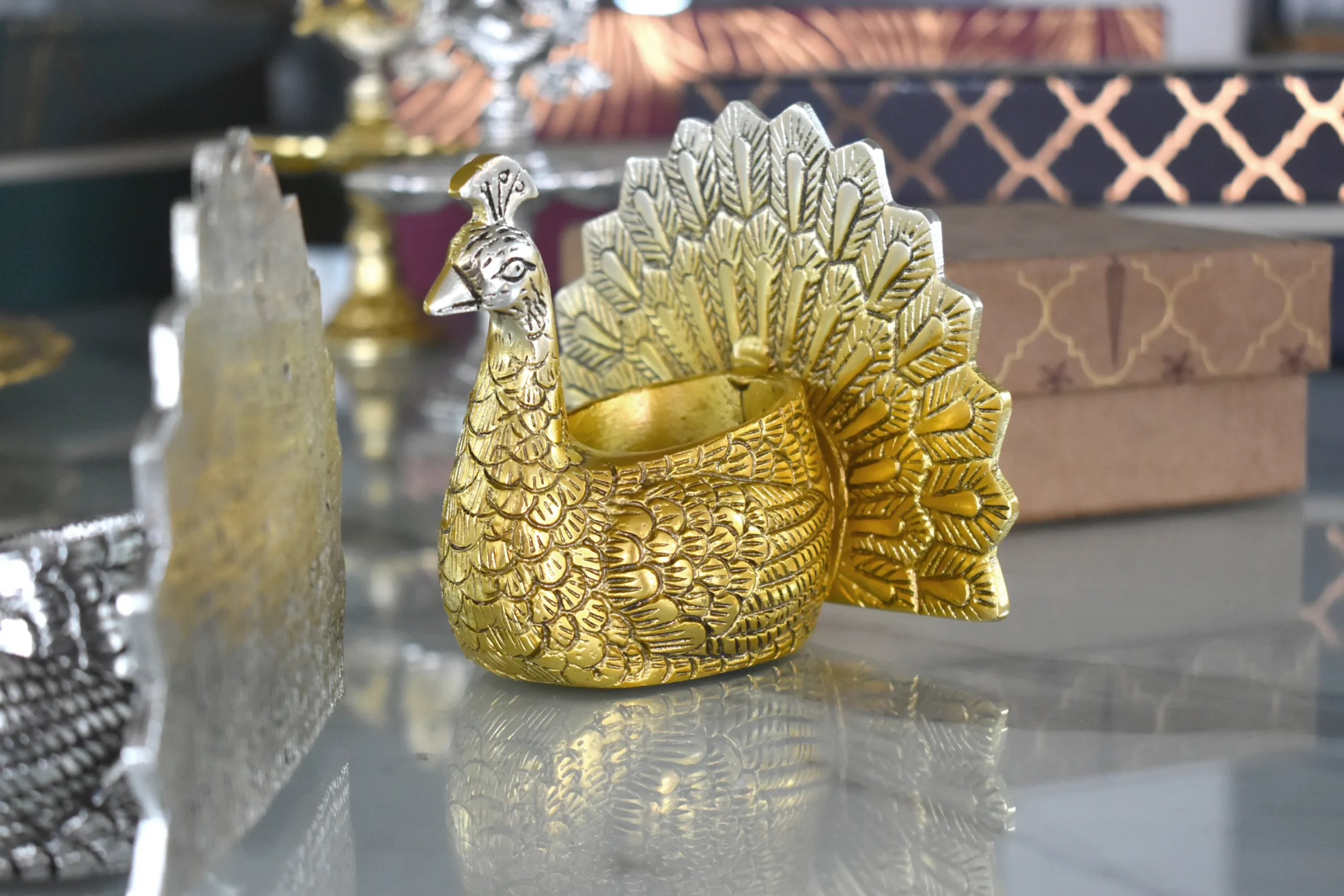 Radiant Peacock Candle Holder Gold & Silver -5x4x3.5" Inch - Image 5